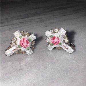 Vintage earrings clip on screw back White Guilloche Enamel Pink Rose Rhinestone
